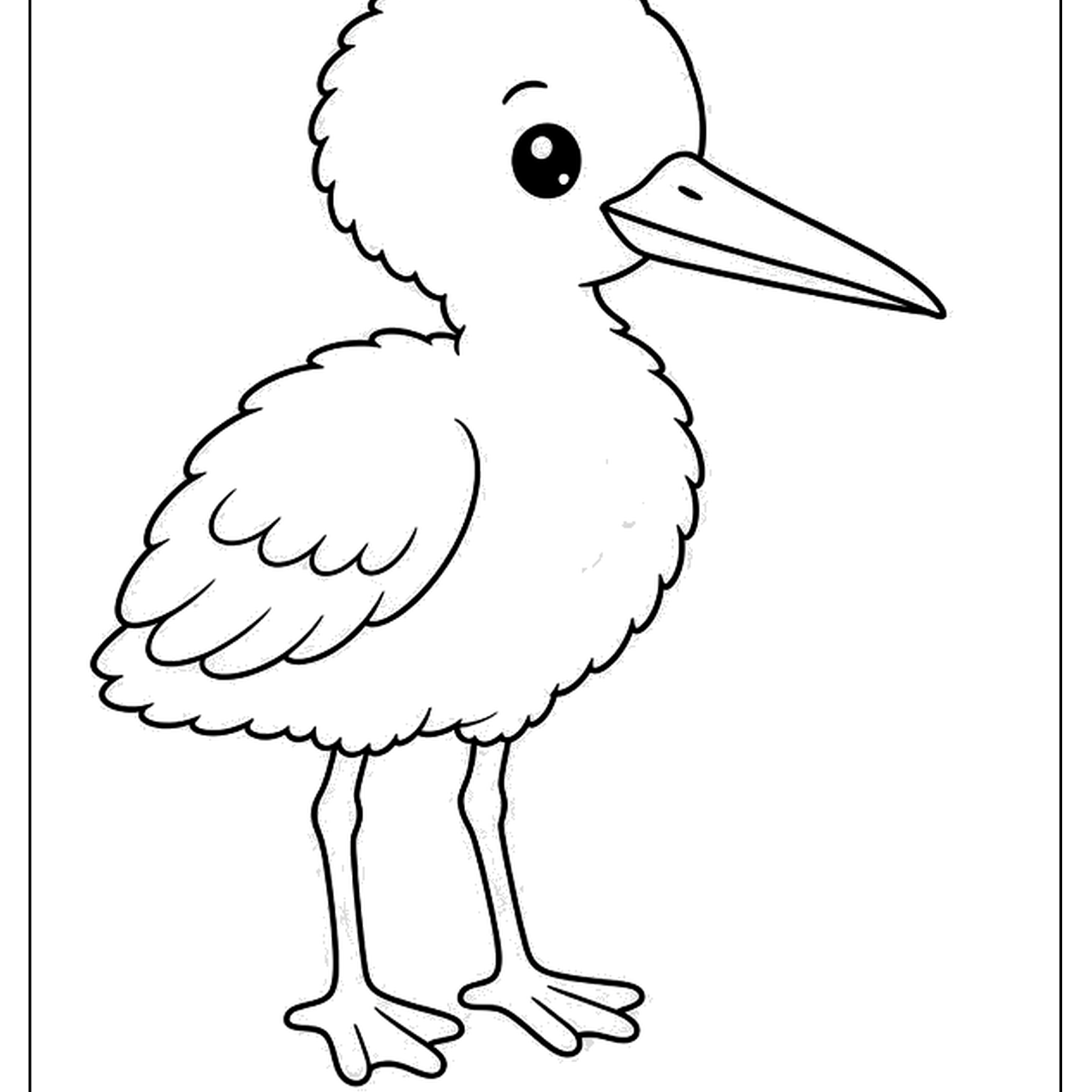 Fluffy baby stork standing on long thin legs