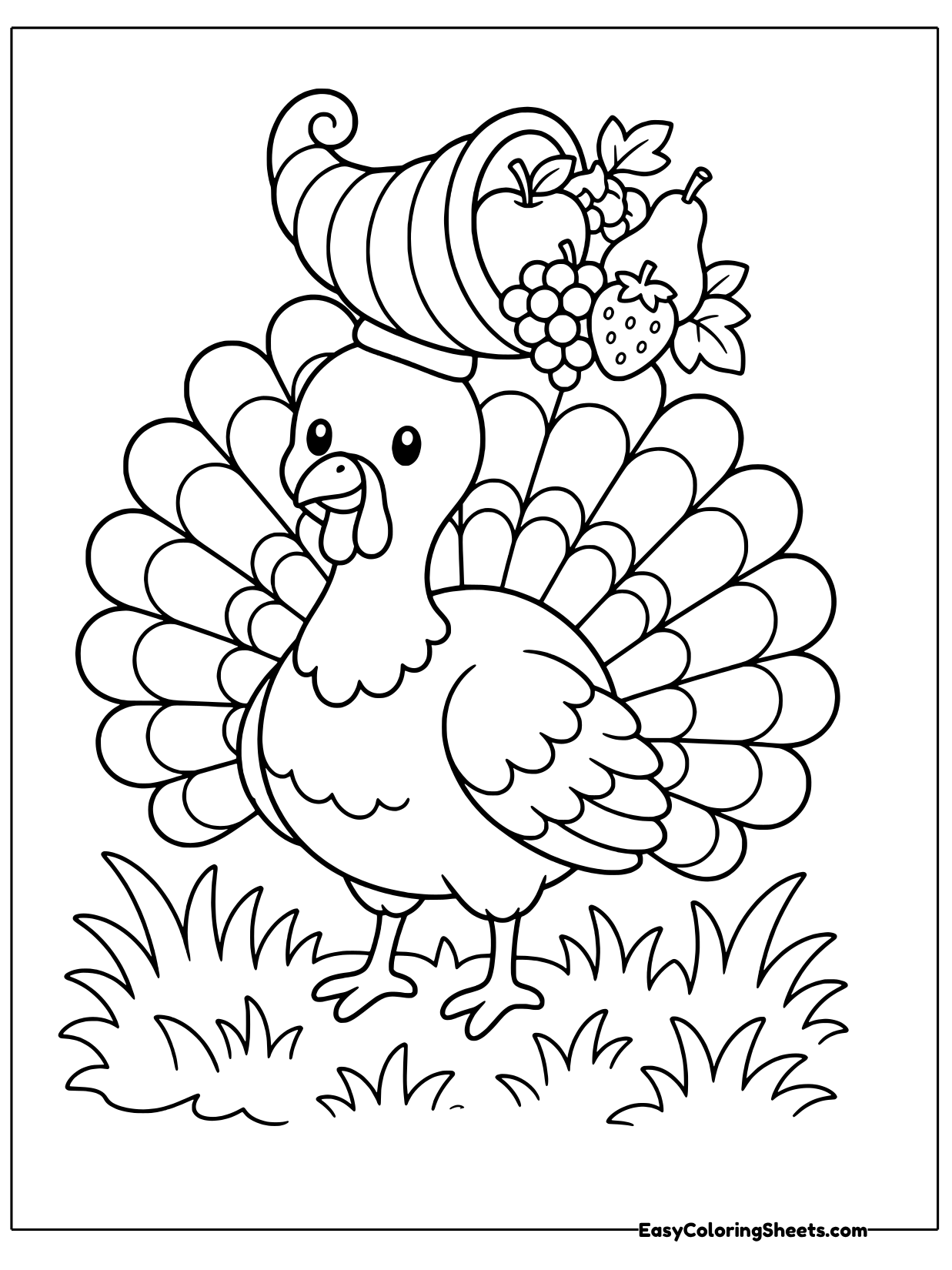 A turkey wears a cornucopia as a hat, overflowing with apples, grapes and a strawberry.