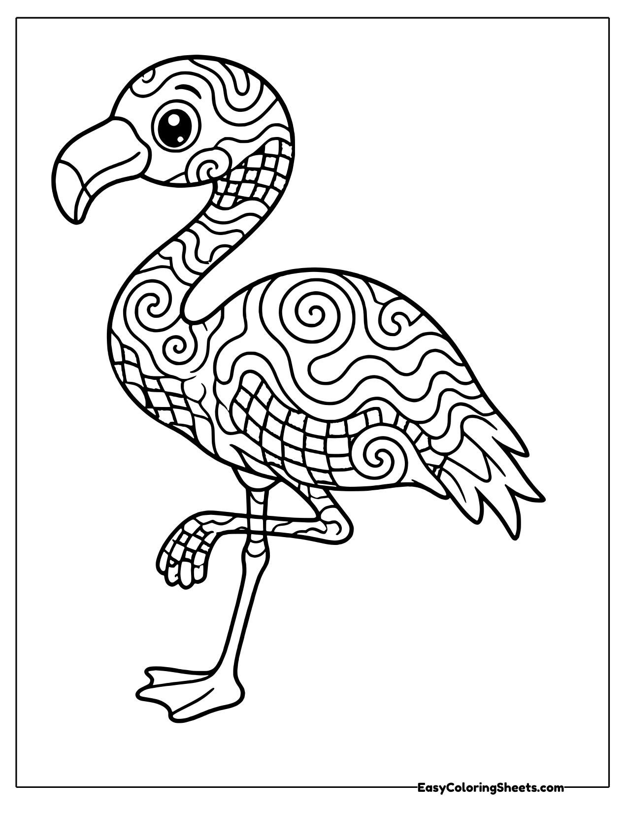 Groovy flamingo on one leg filled with swirls and checkers