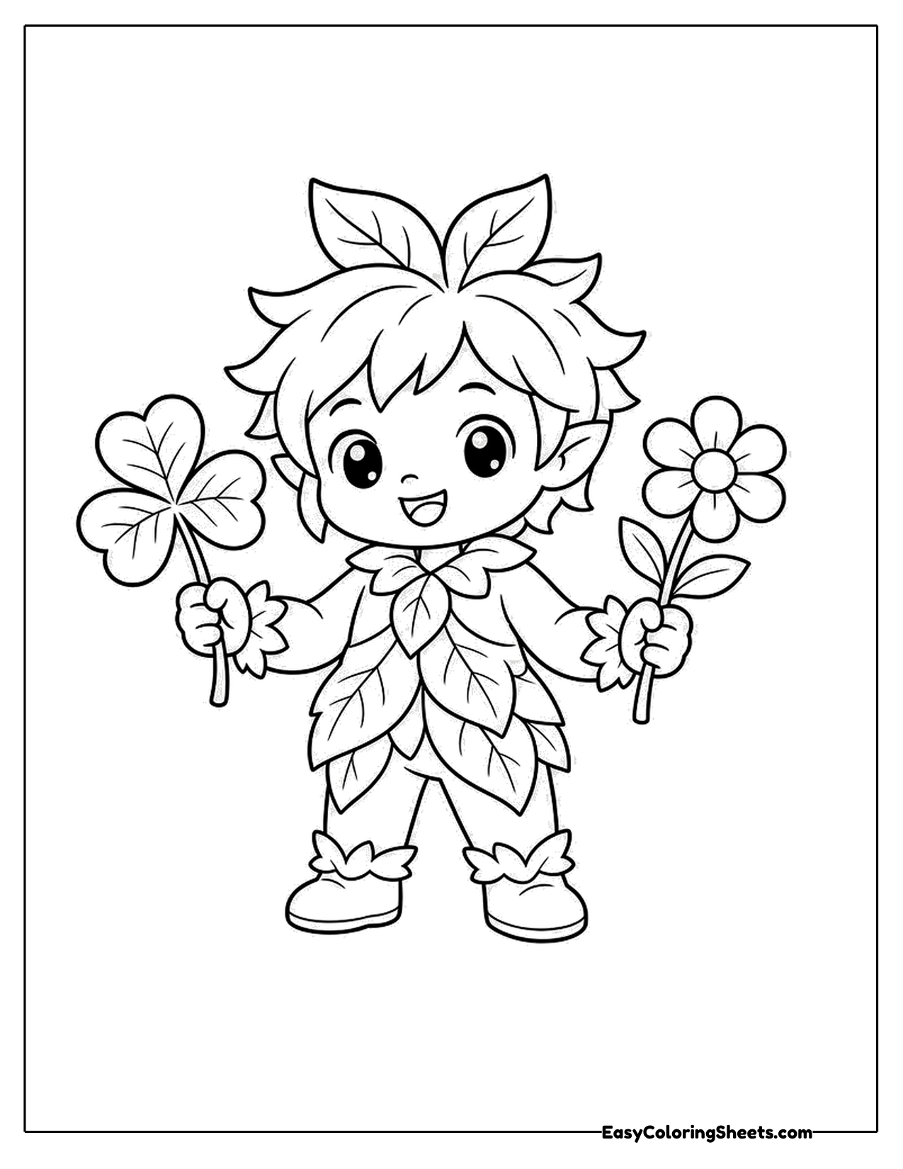 Kid dressed as a spring leaf with flowers