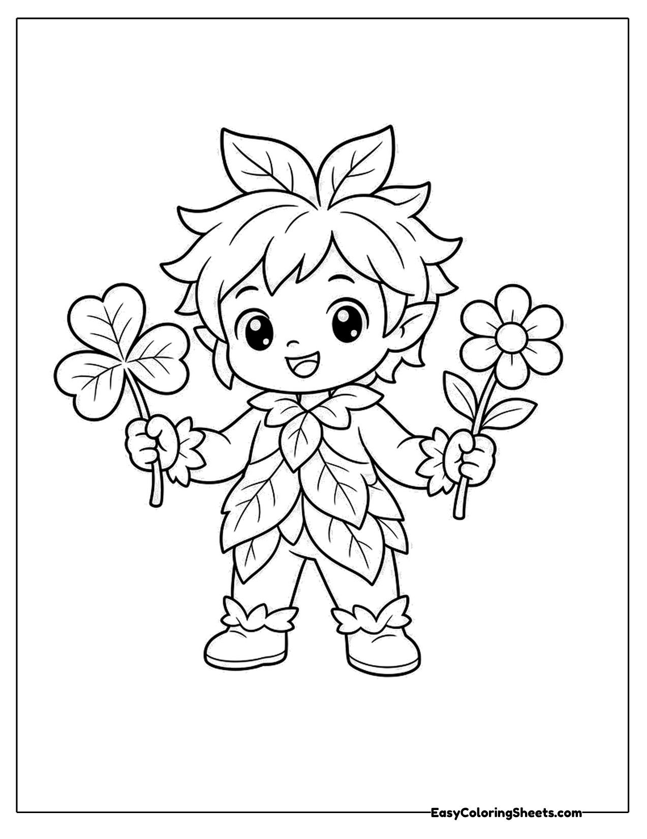 Kid dressed as a spring leaf with flowers