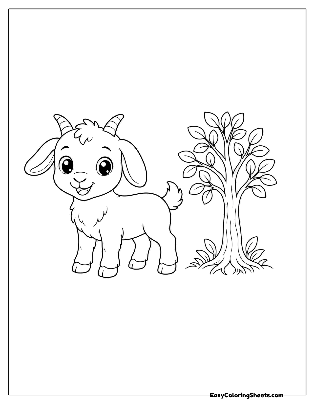 Young goat standing beside a leafy tree