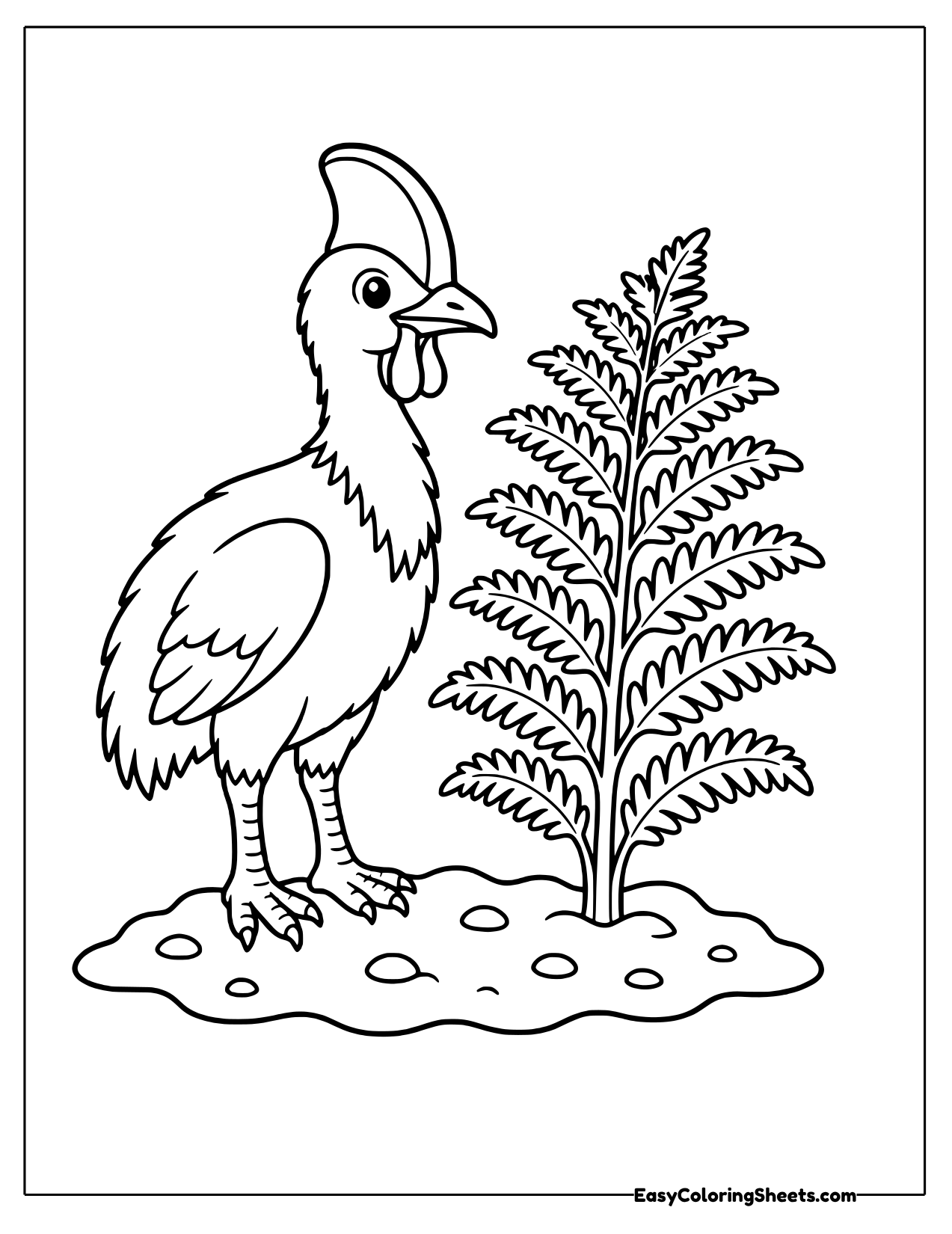 Cassowary standing beside a tall fern