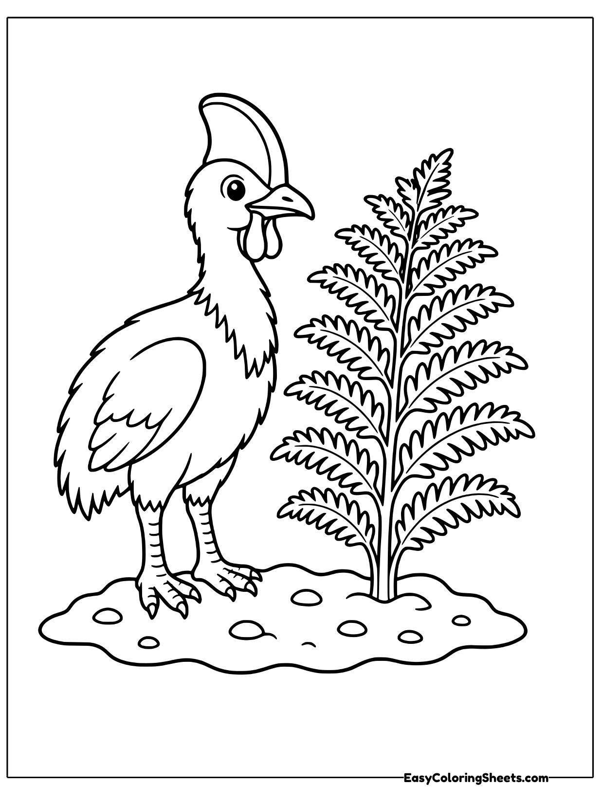 A cassowary stands on a patch of ground next to a tall feathery fern.