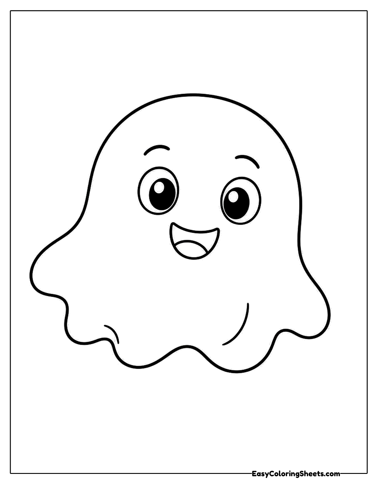 Line drawing of a small round cartoon ghost with a wavy bottom edge