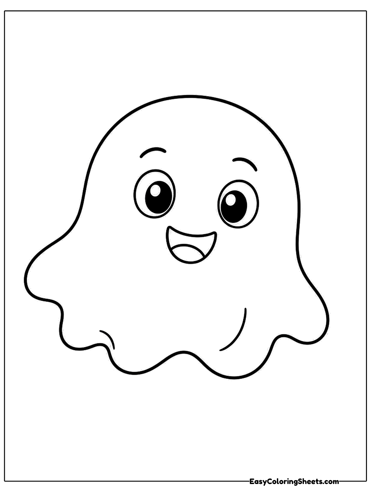A chubby little ghost floats in the middle of the page with a soft, rounded top and a wavy hem.