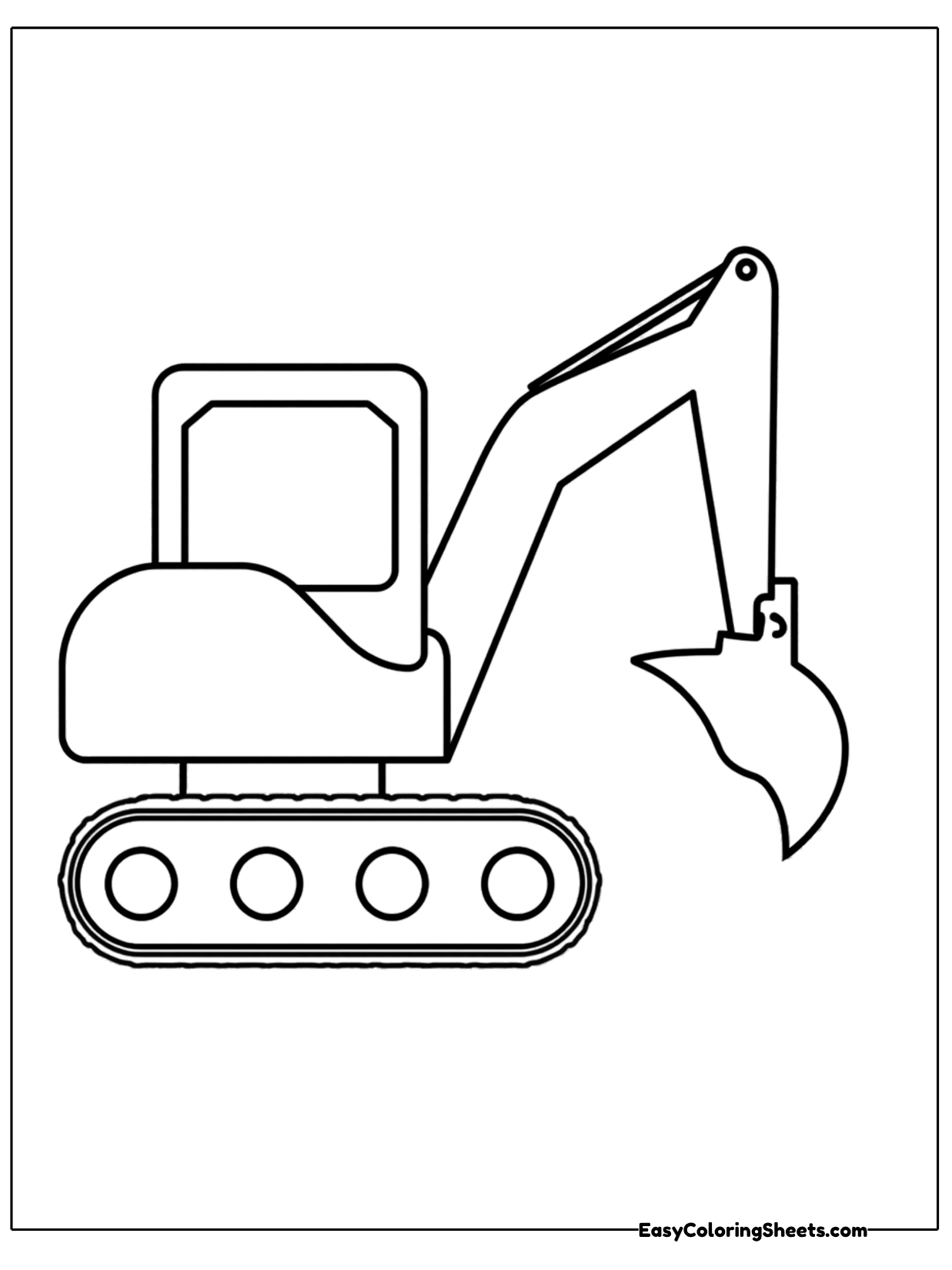 This easy excavator has a boxy cab, a long jointed arm, and a scooping bucket at the end.