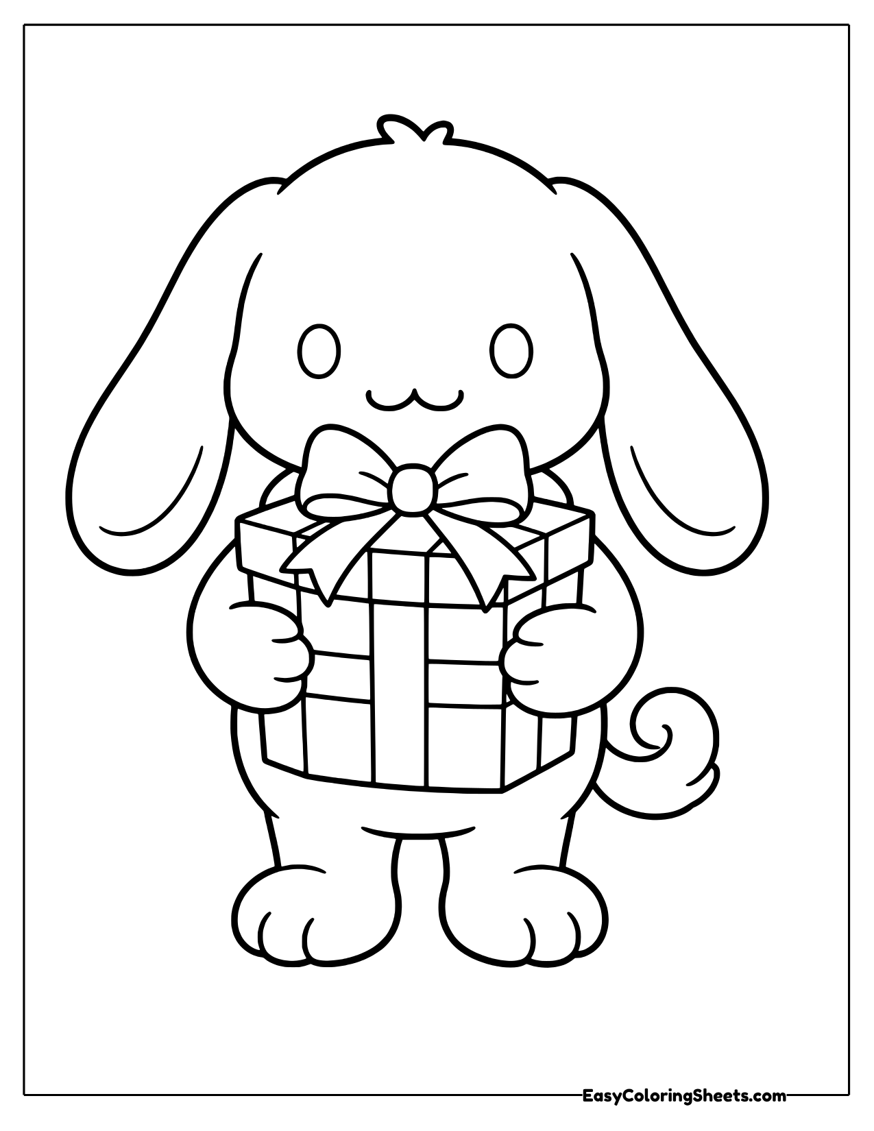 Cinnamoroll standing and hugging a wrapped gift box with a big bow