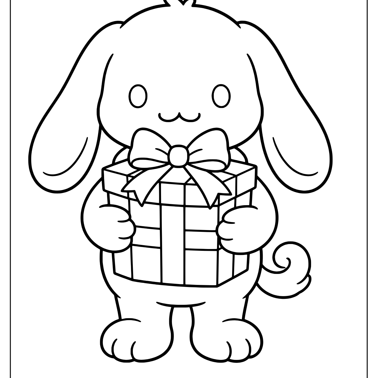 Cinnamoroll standing and hugging a wrapped gift box with a big bow