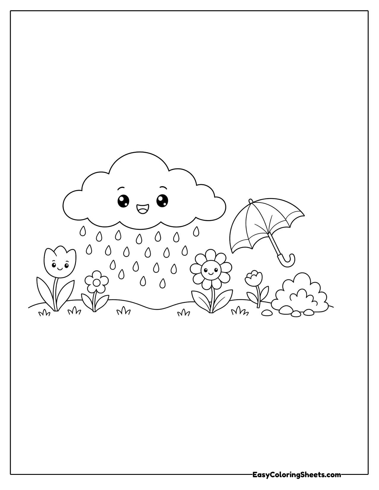 Smiling rain cloud over flowers and an umbrella