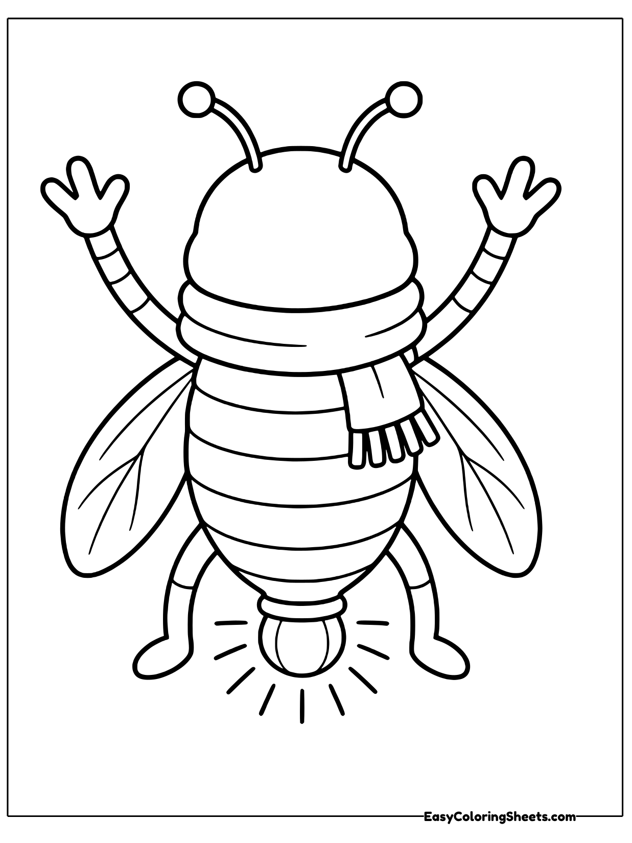 Seen from behind, this firefly throws its arms up in excitement while a knitted scarf wraps around its neck.