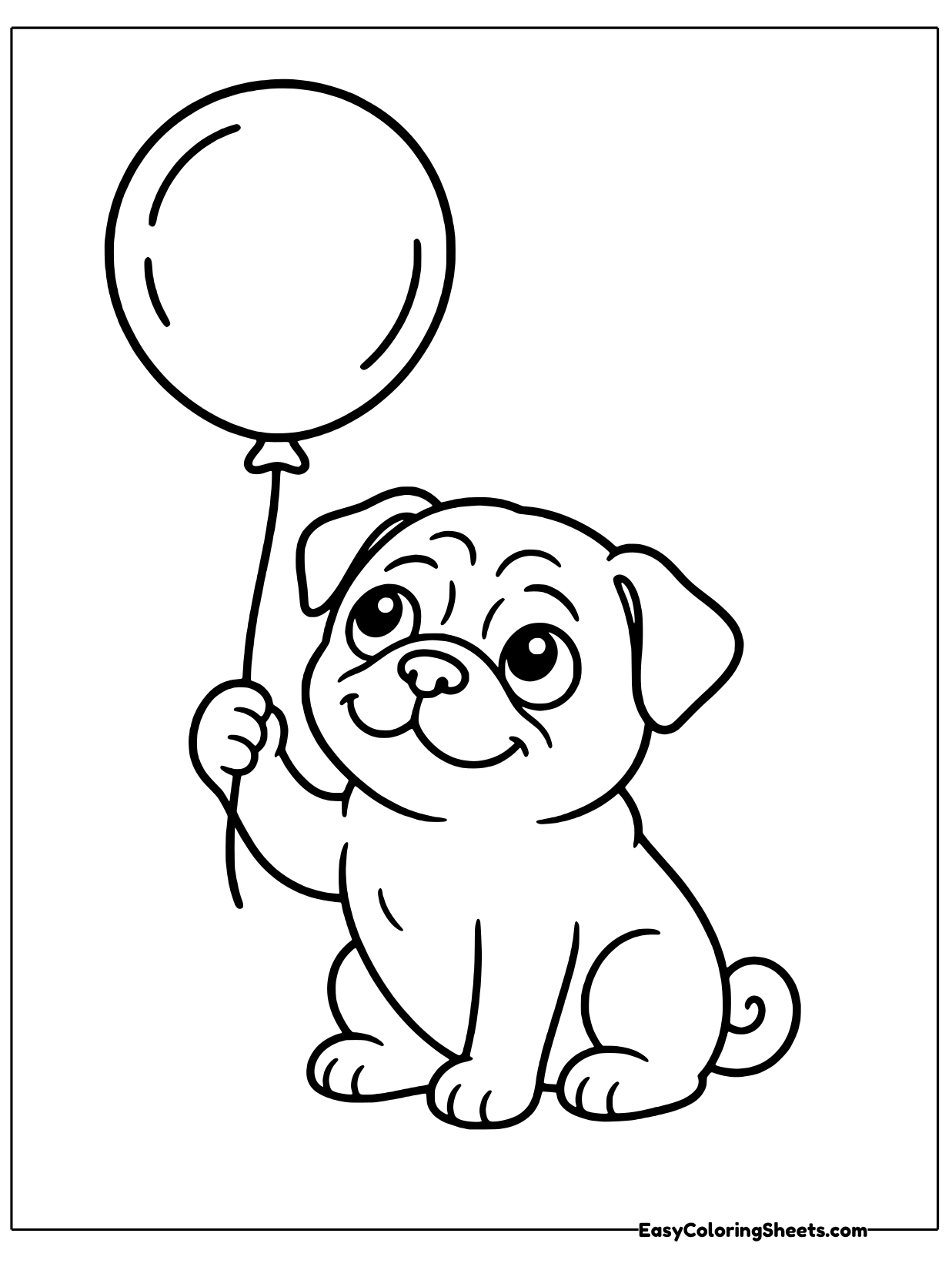 A sweet little pug sits down and holds the string of a big round balloon floating up beside it.