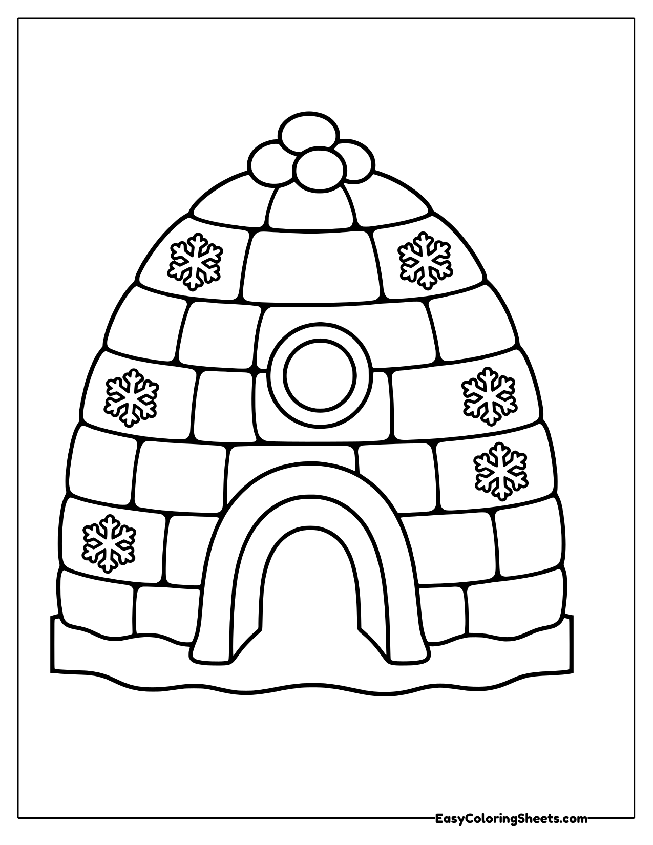 Igloo with snowflake blocks and a round window