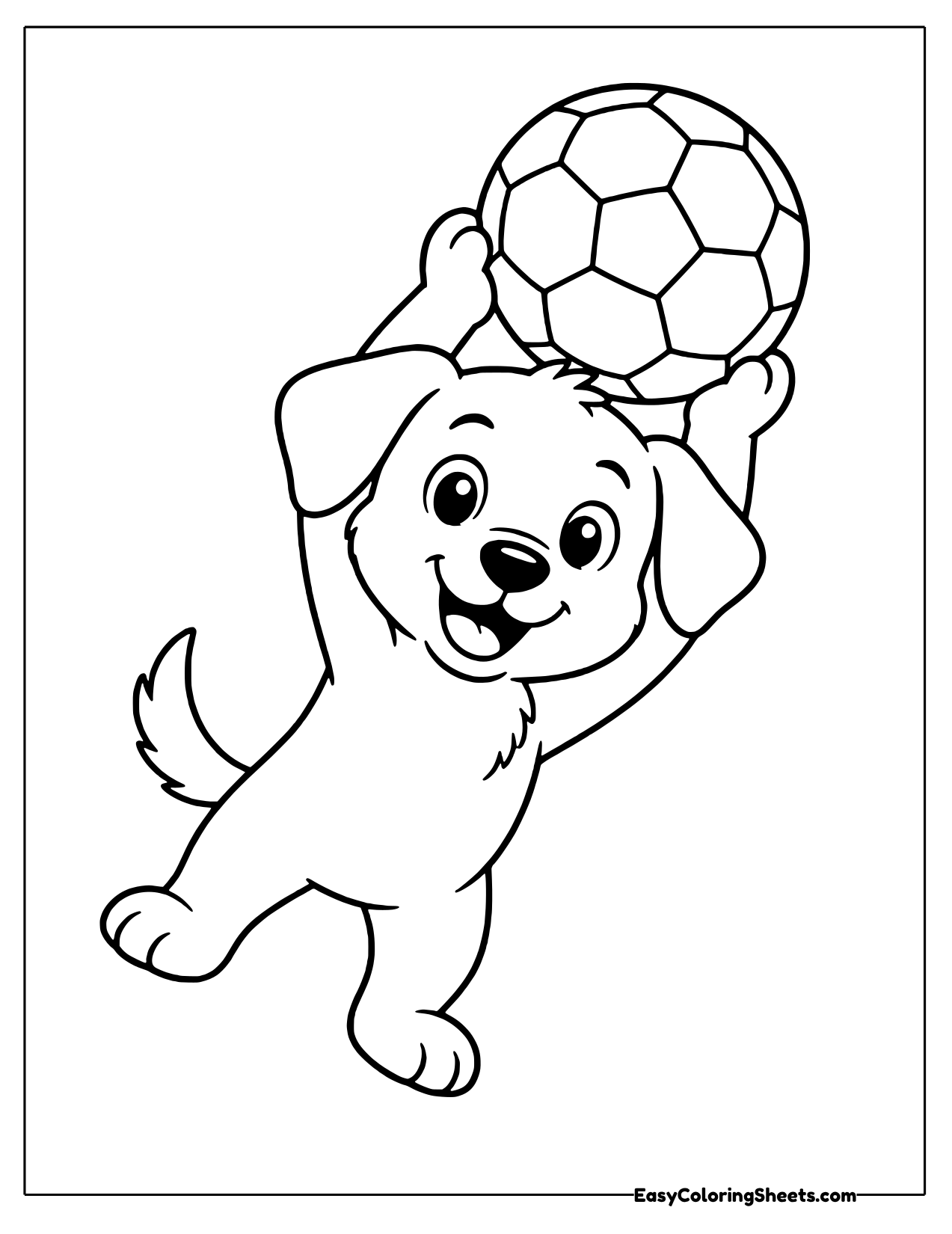Playful puppy leaping and holding a soccer ball over its head