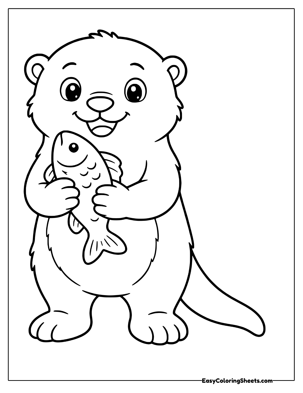 A smiling otter stands upright and holds a fish against its chest with both paws.