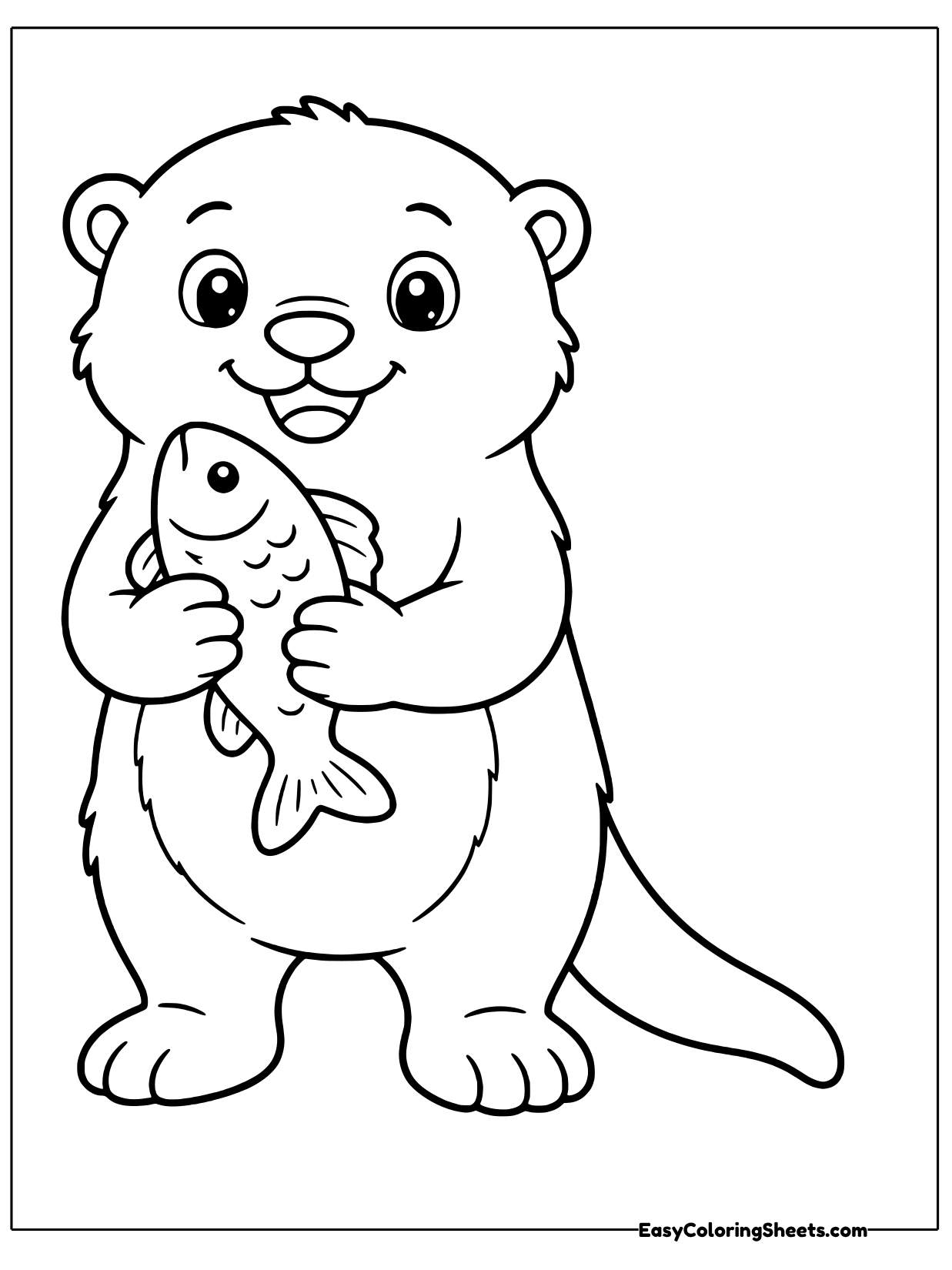 A smiling otter stands upright and holds a fish against its chest with both paws.