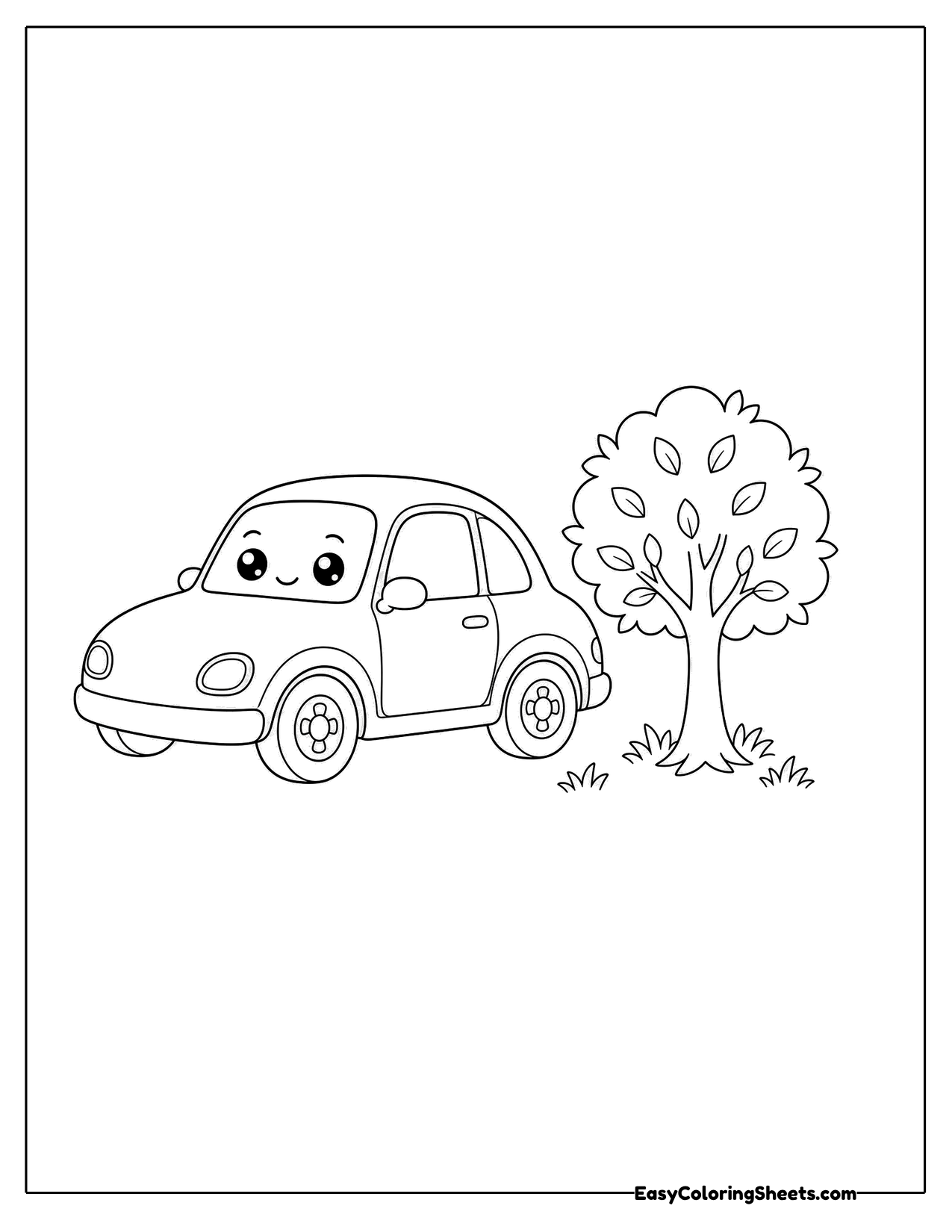 Little car driving past a round leafy tree