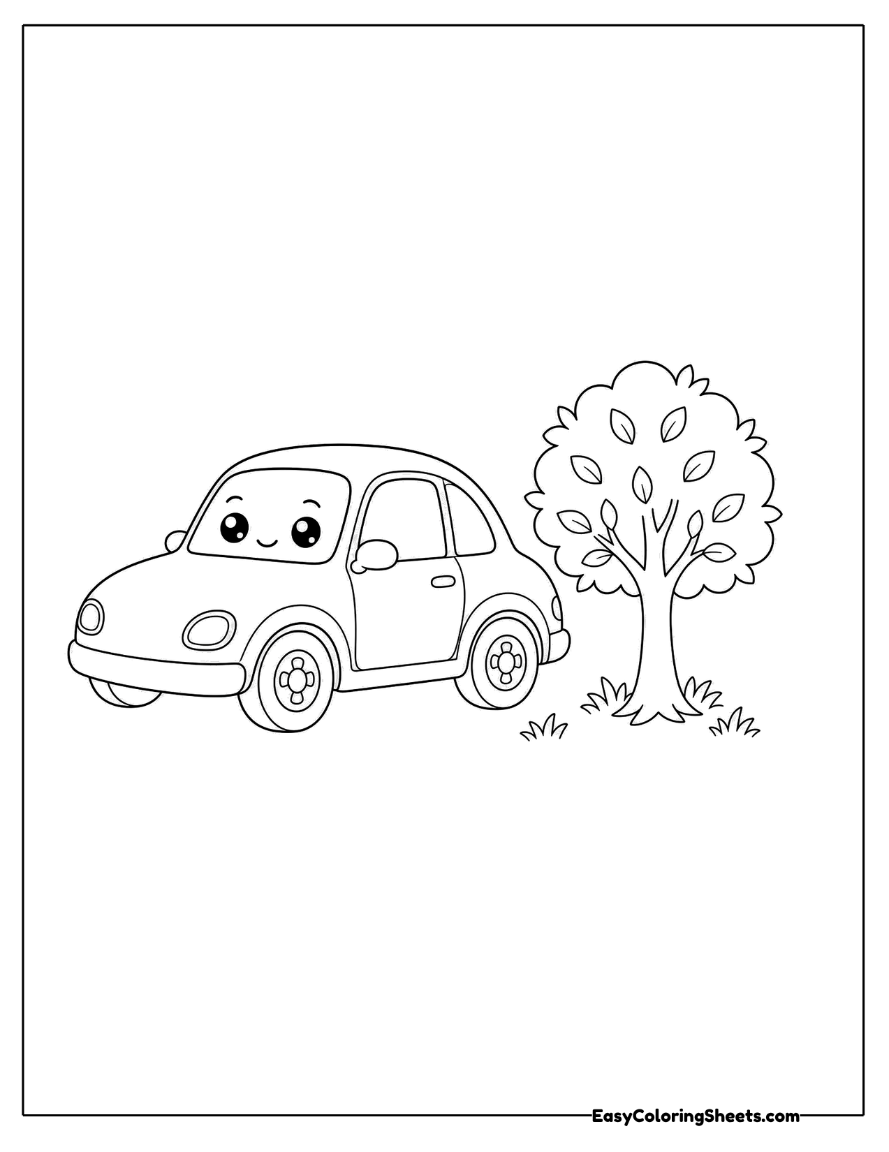 Little car driving past a round leafy tree
