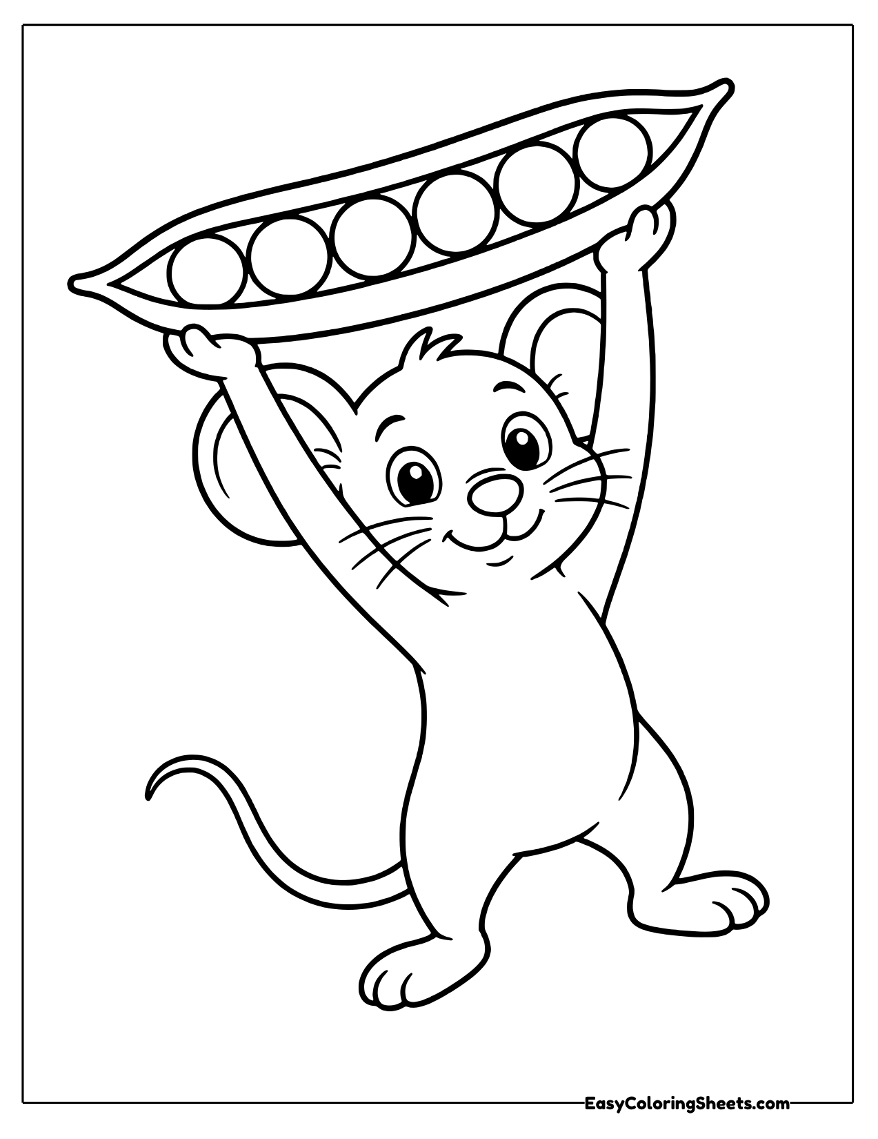 Happy mouse holding an open pea pod full of peas overhead