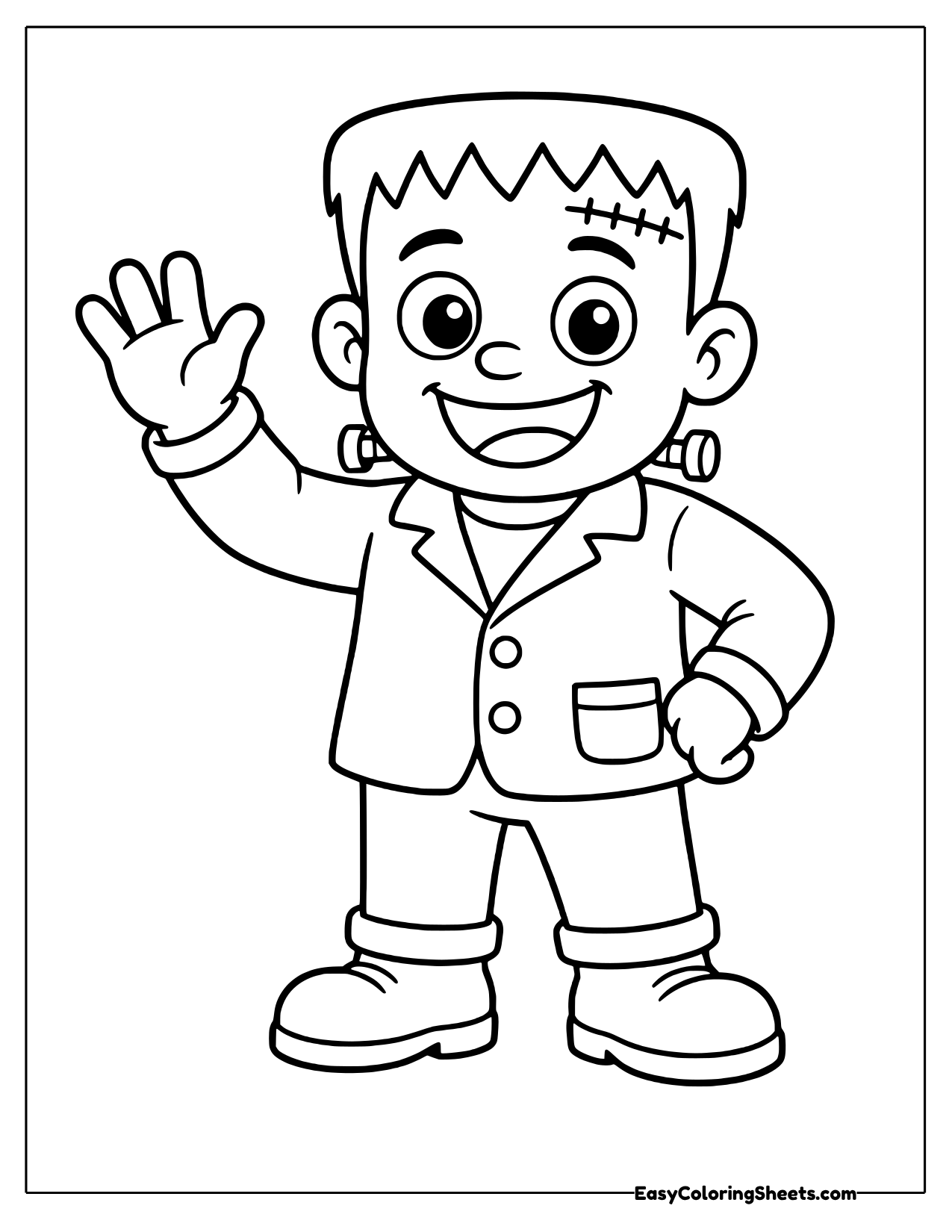 A tall, friendly monster with a stitched forehead and neck bolts lifts one hand in a wave.