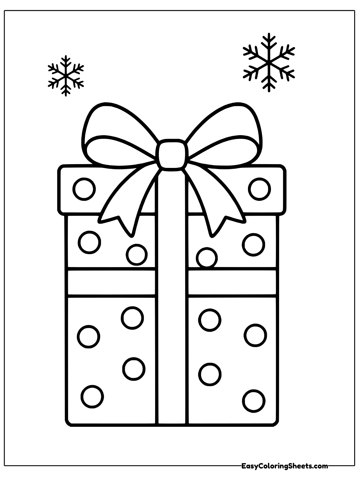 A tall present covered in polka dots is tied with a ribbon and a big bow, with snowflakes floating above.