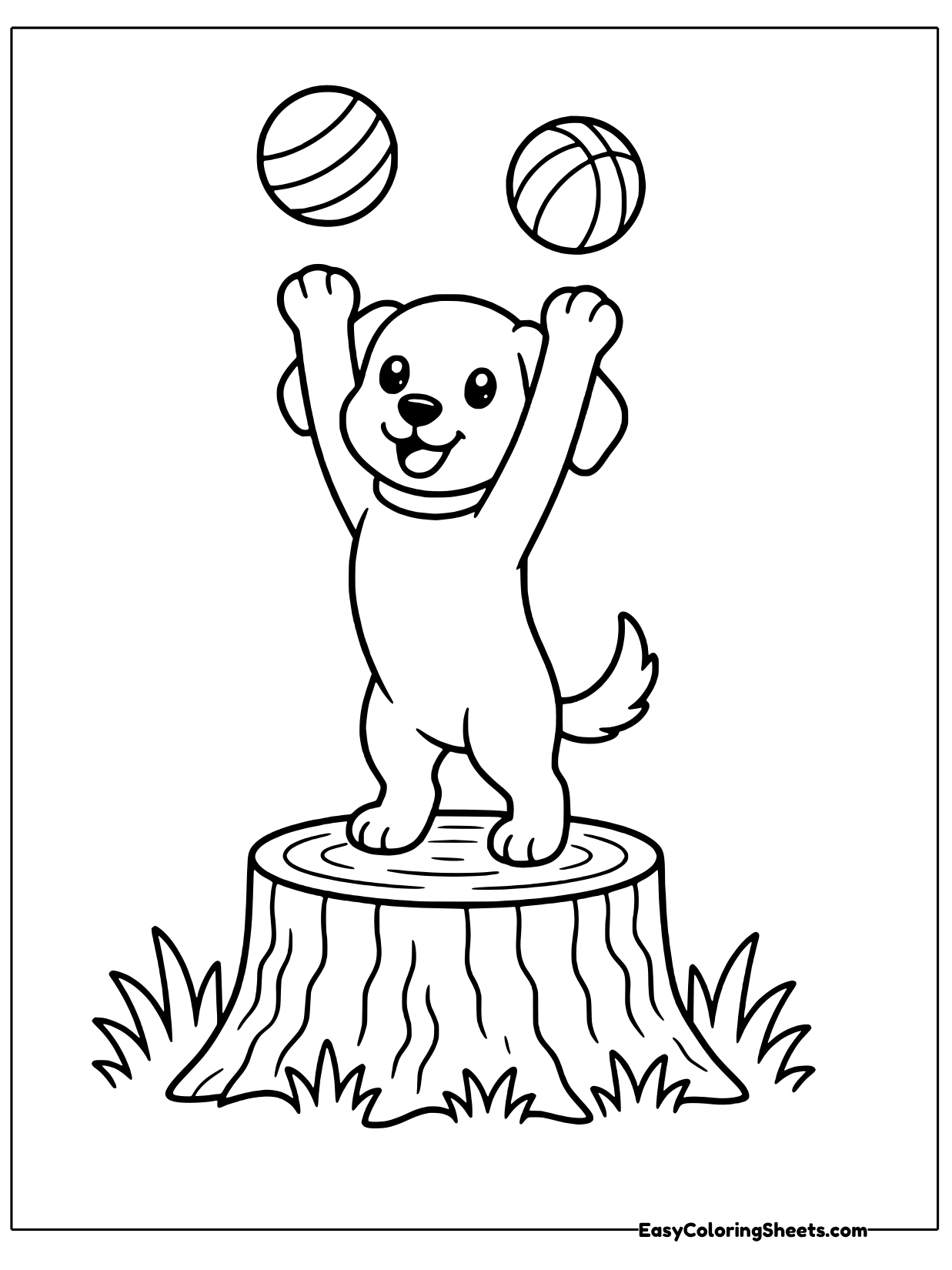 A playful puppy stands on its hind legs on a tree stump, reaching up toward two balls in the air.