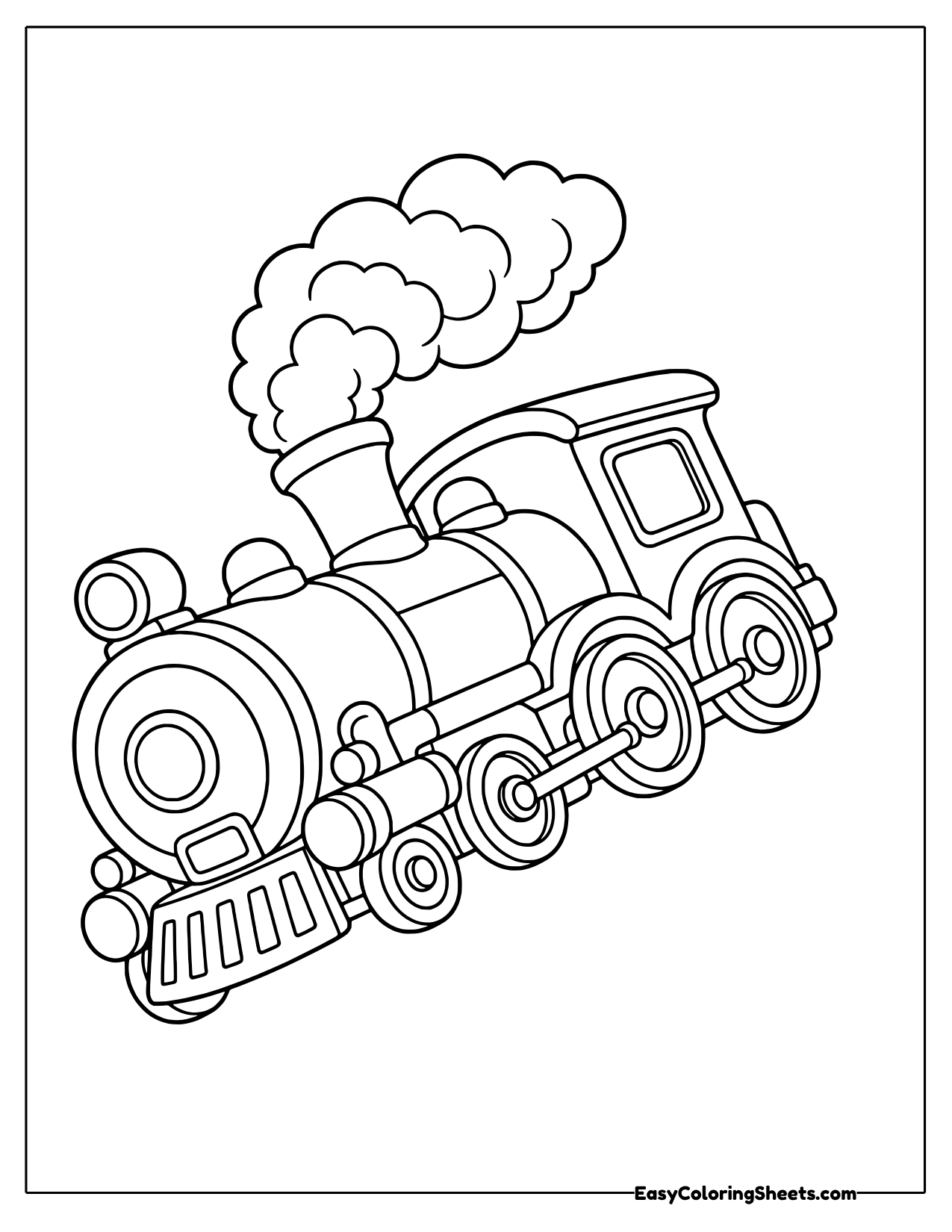 Chunky faceless cartoon steam train with big wheels and puffy steam clouds