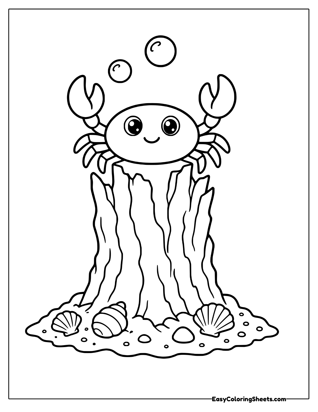A crab perches on top of a tall, worn piece of driftwood with shells and sand at its base and bubbles drifting above.