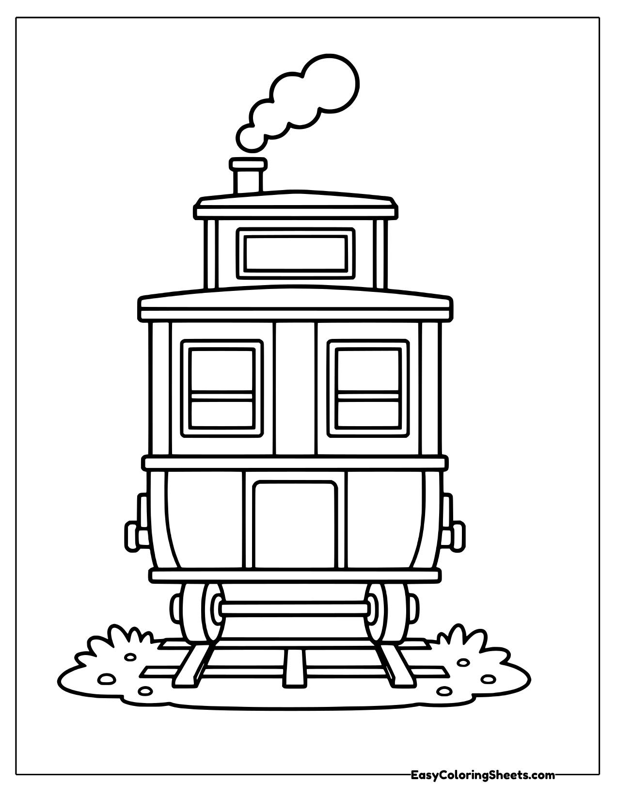 Caboose with a smoking chimney on the tracks