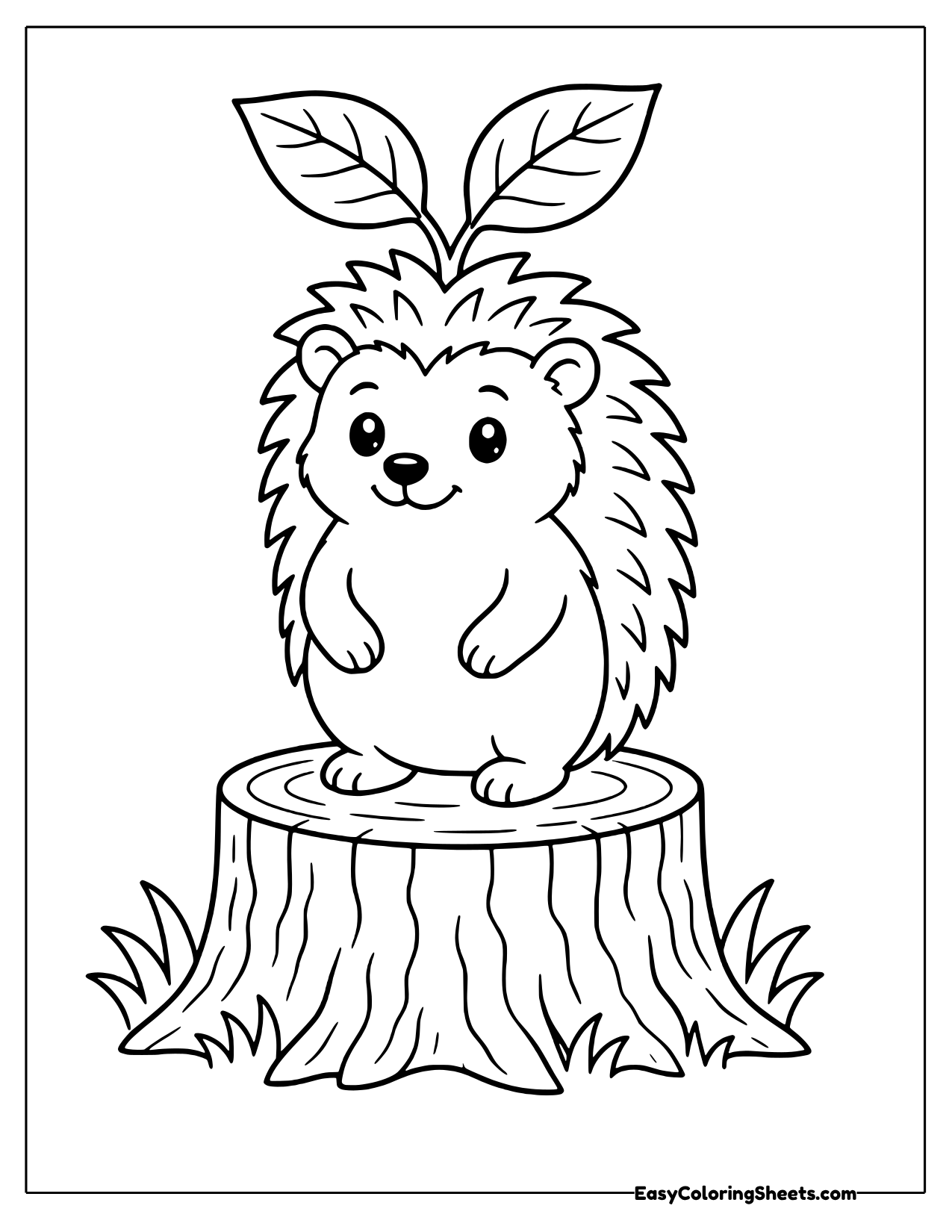 Hedgehog sitting on top of a tall tree stump