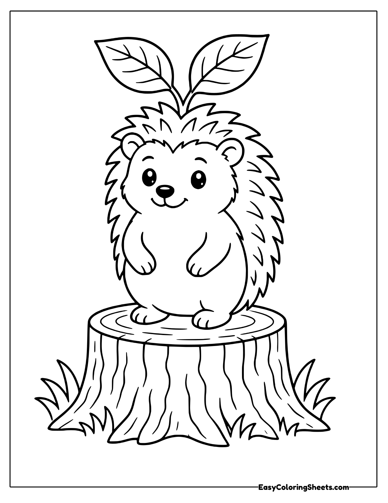 Hedgehog sitting on top of a tall tree stump