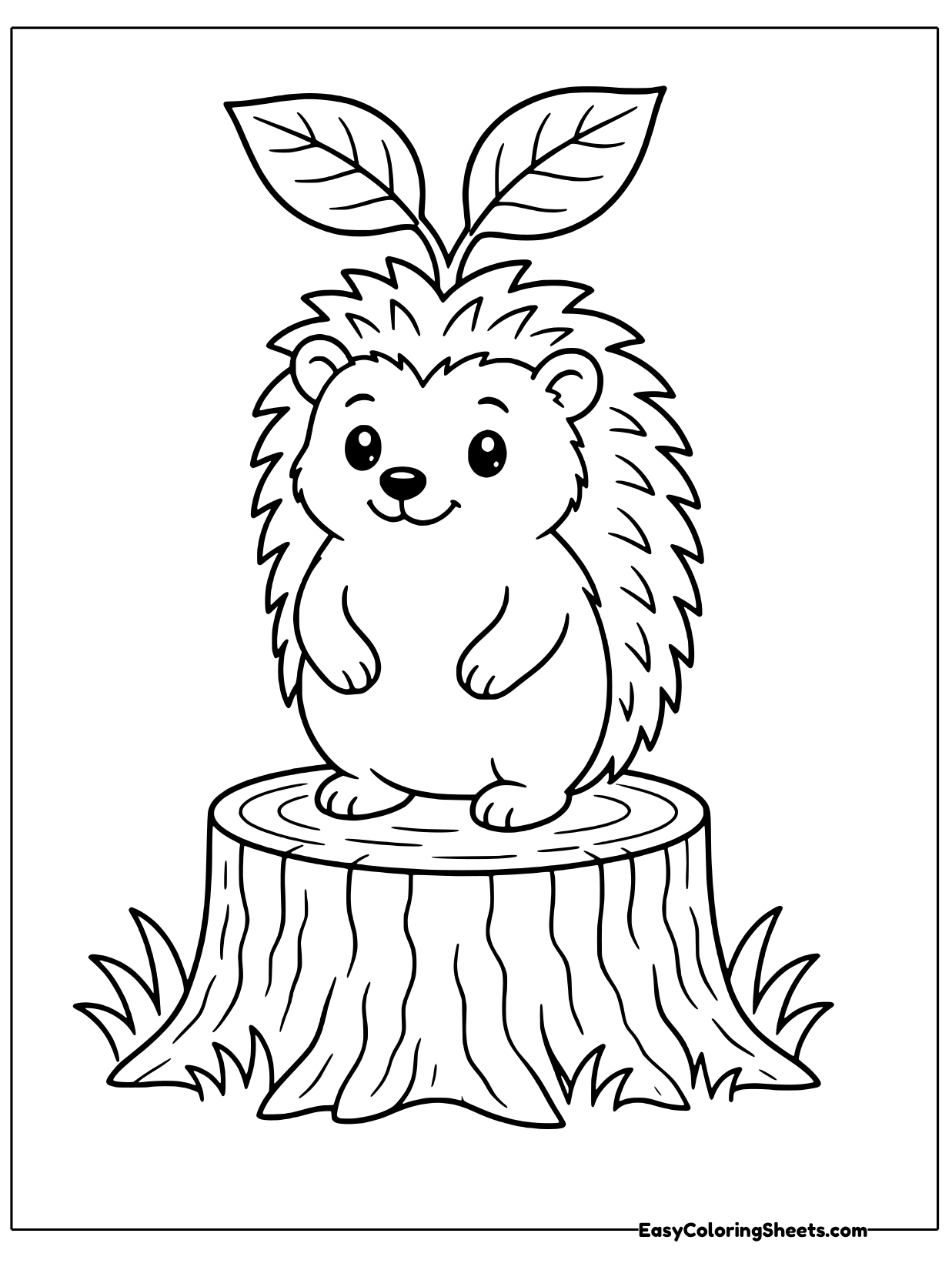 Sitting on a tall tree stump with roots spreading at the bottom, this hedgehog looks out with a calm smile.