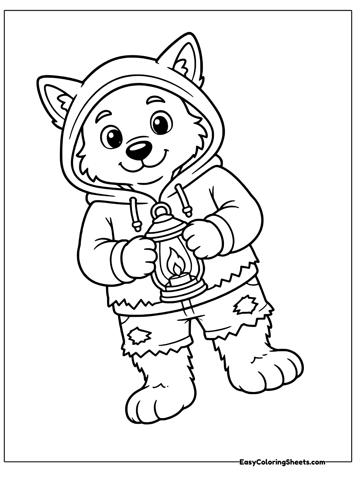 A werewolf wears a hoodie and holds a glowing lantern.