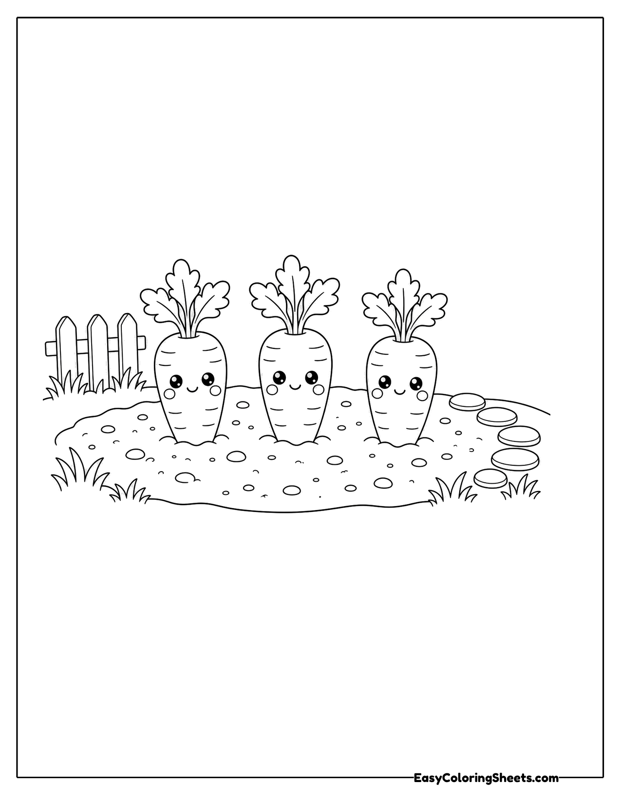 Three little carrot characters in a garden patch