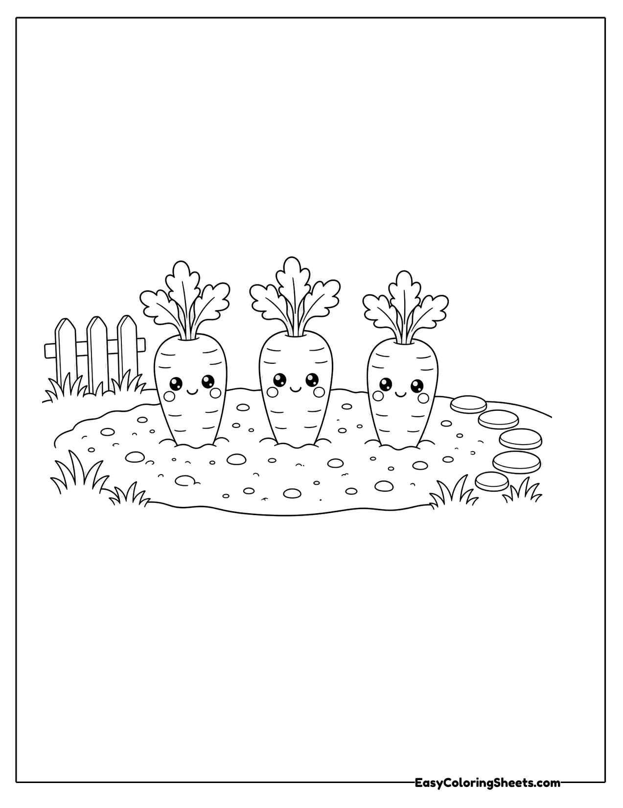 Three little carrot characters in a garden patch