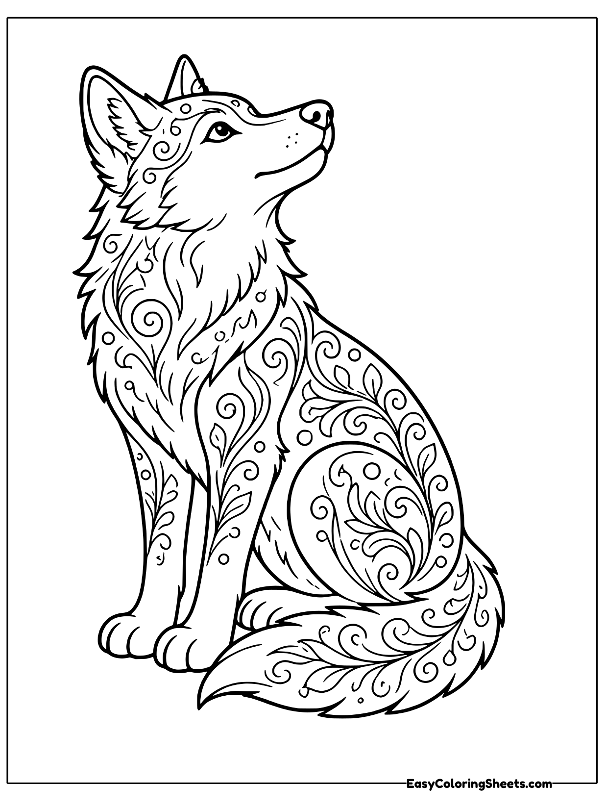 A sitting wolf is filled with swirls and patterns.