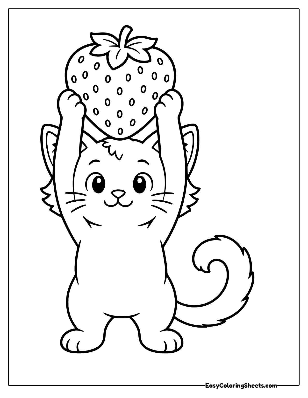 Sweet kitten with a curly tail raising a big strawberry overhead