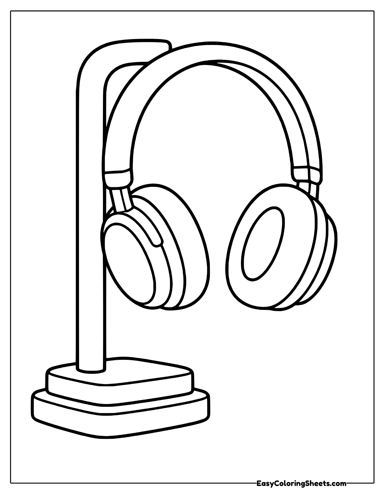 Coloring page of large over-ear headphones hanging on a tall desk stand