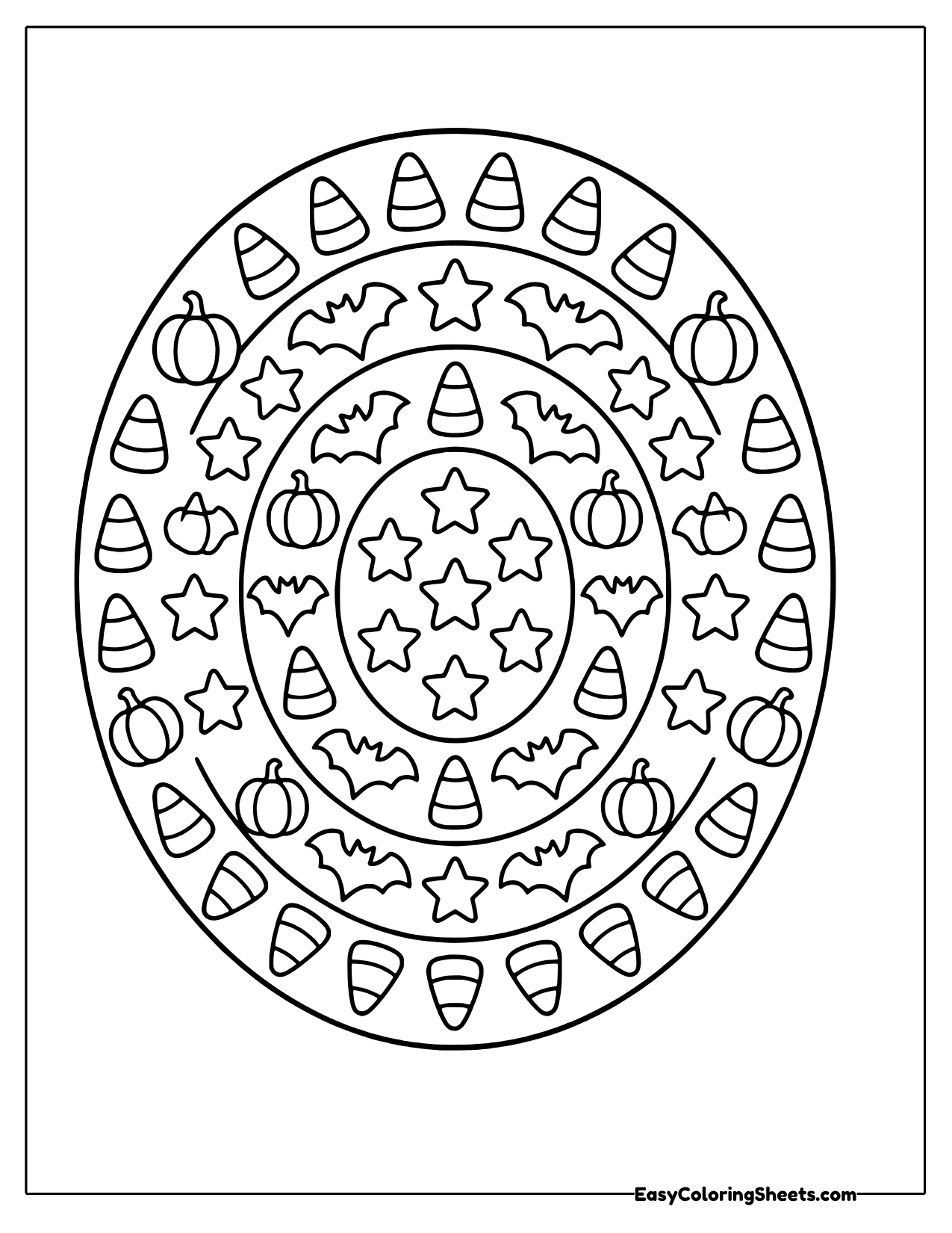 Oval Halloween mandala with candy corn and bat rings