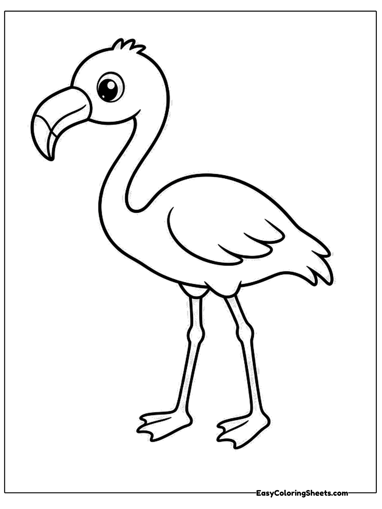 This friendly flamingo has a long neck, a hooked beak and folded wing feathers, standing on two skinny legs.