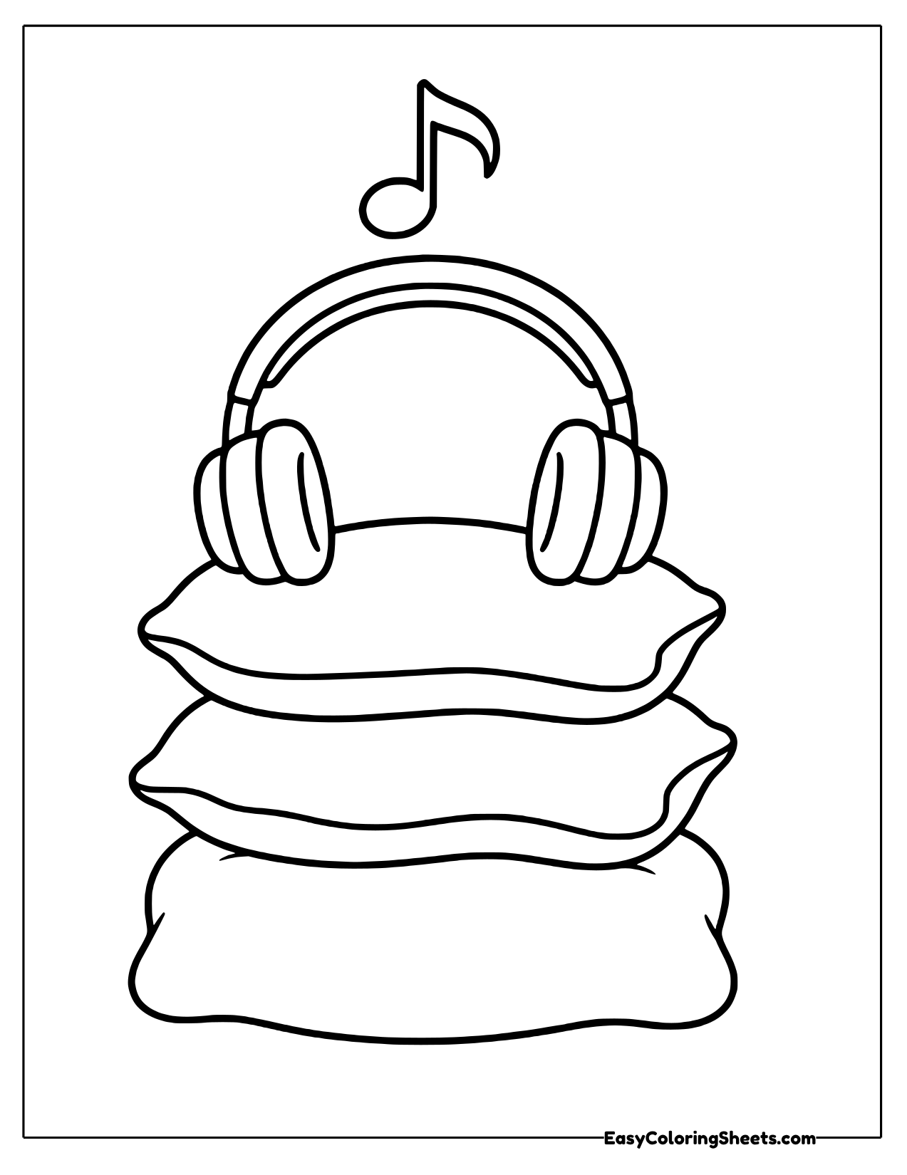 Headphones resting on three stacked pillows with a music note above
