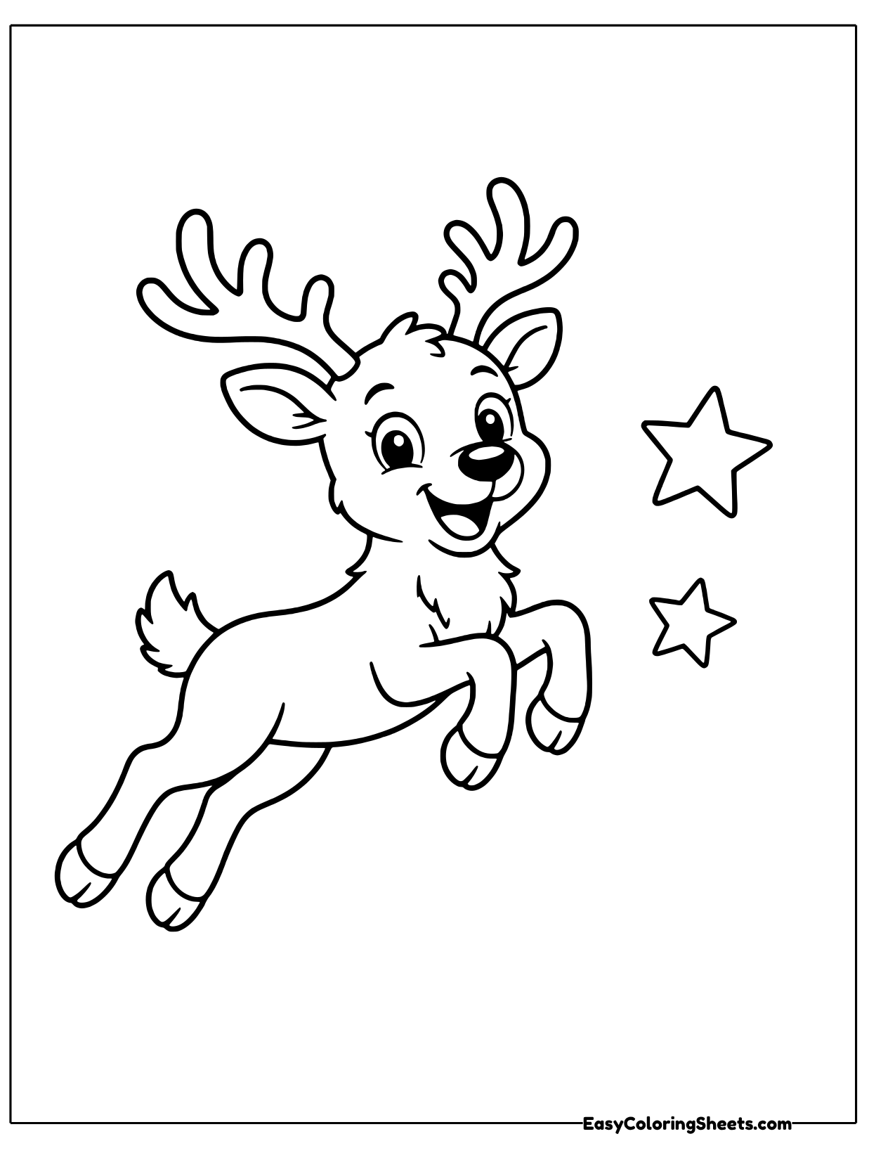 A reindeer leaps through the air with its legs stretched out and stars floating nearby.