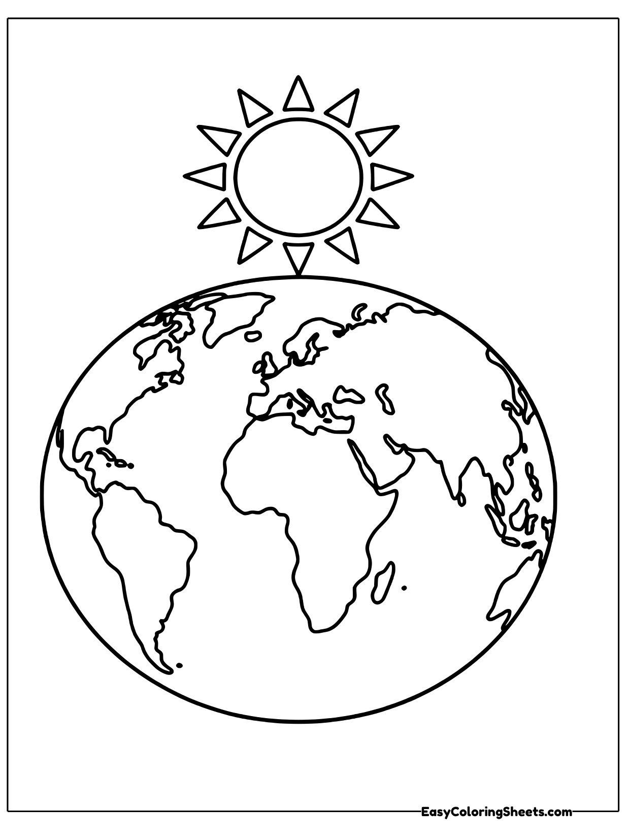 The Earth sits below a bright shining sun with pointed rays.