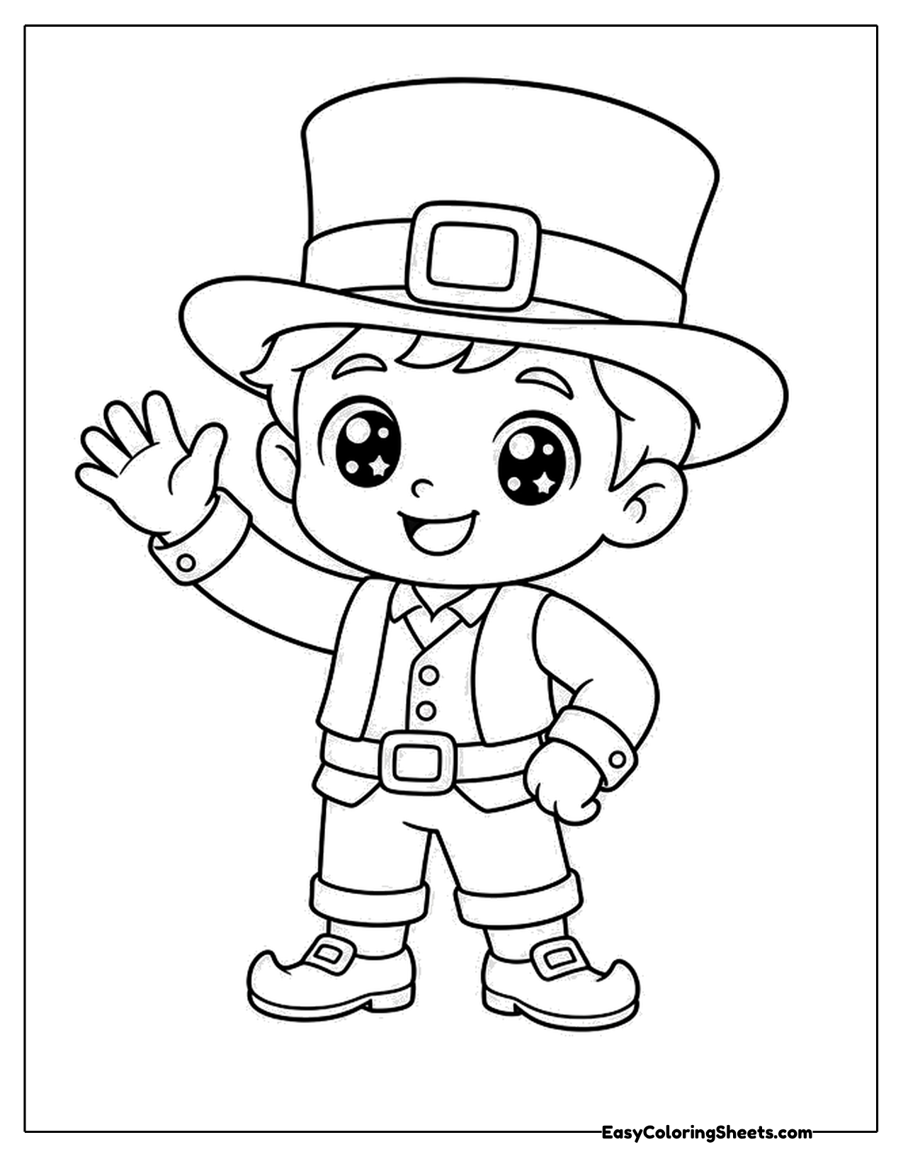 Leprechaun boy in a tall hat waving