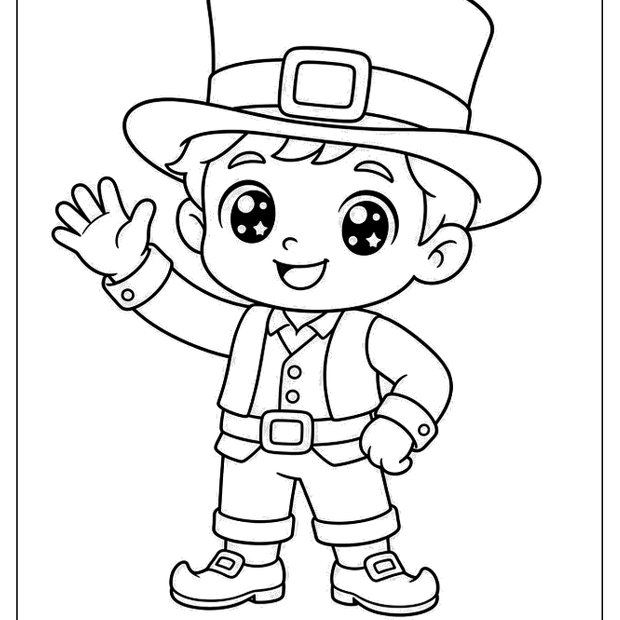 Leprechaun boy in a tall hat waving