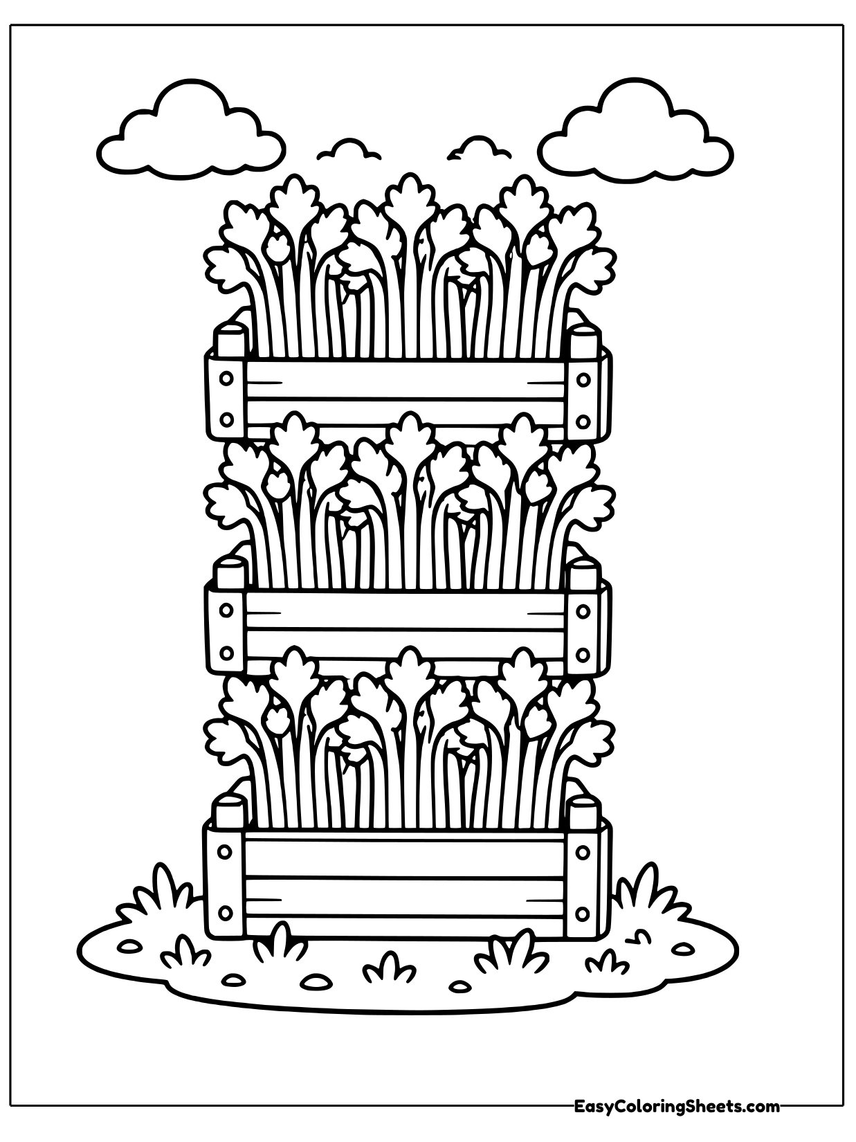 Three wooden crates are stacked into a tower with leafy celery bunches poking out of each one.