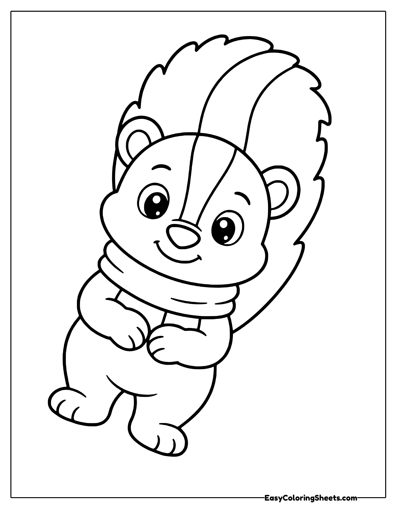 Cozy little skunk wearing a knit scarf with its tail behind it