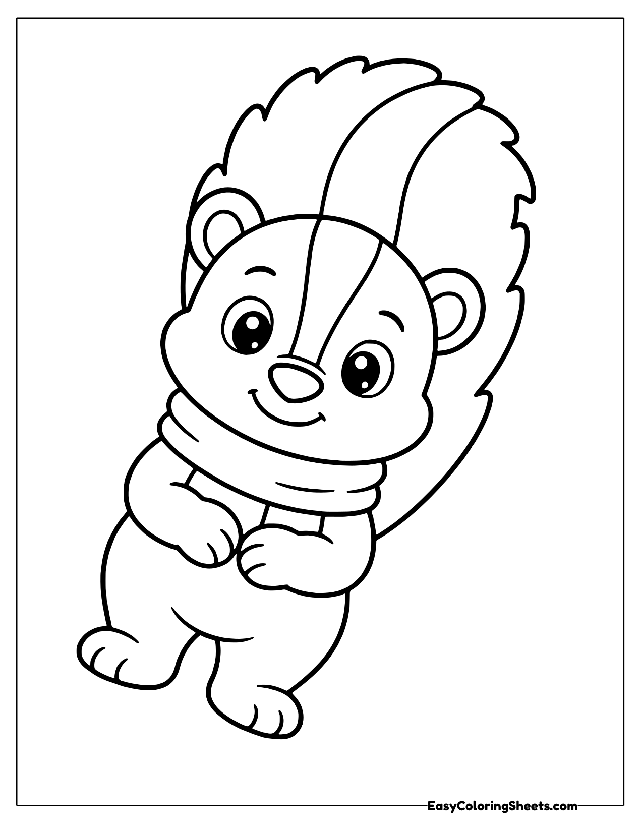 Cozy little skunk wearing a knit scarf with its tail behind it