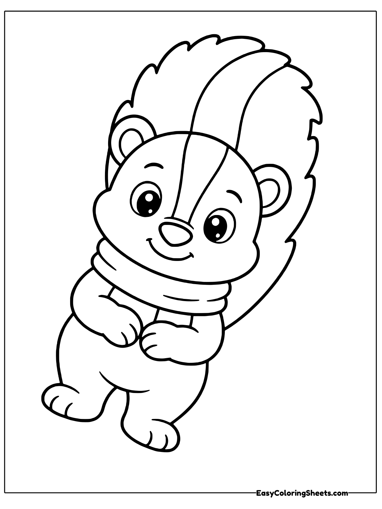 A cozy little skunk wears a warm knit scarf while its big striped tail plumes up behind its head.