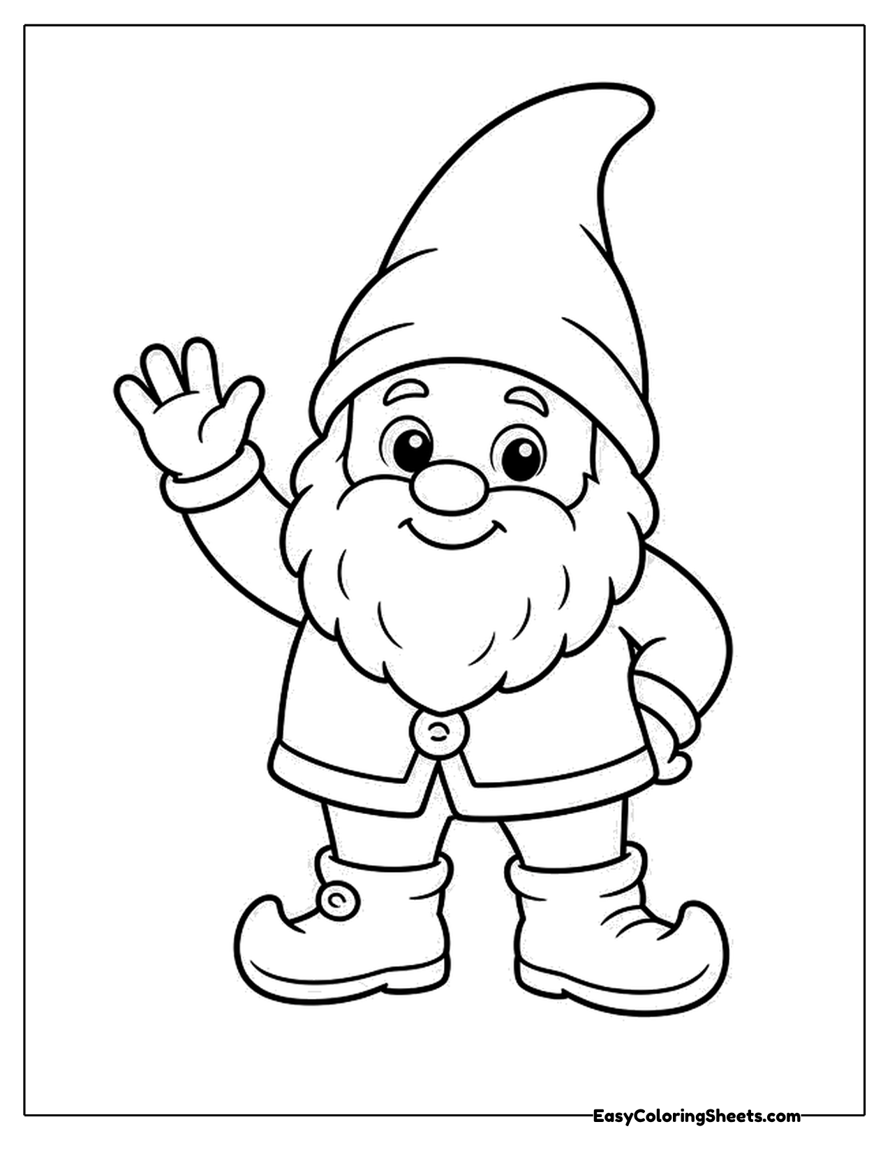 Waving garden gnome with a tall pointed hat and fluffy beard
